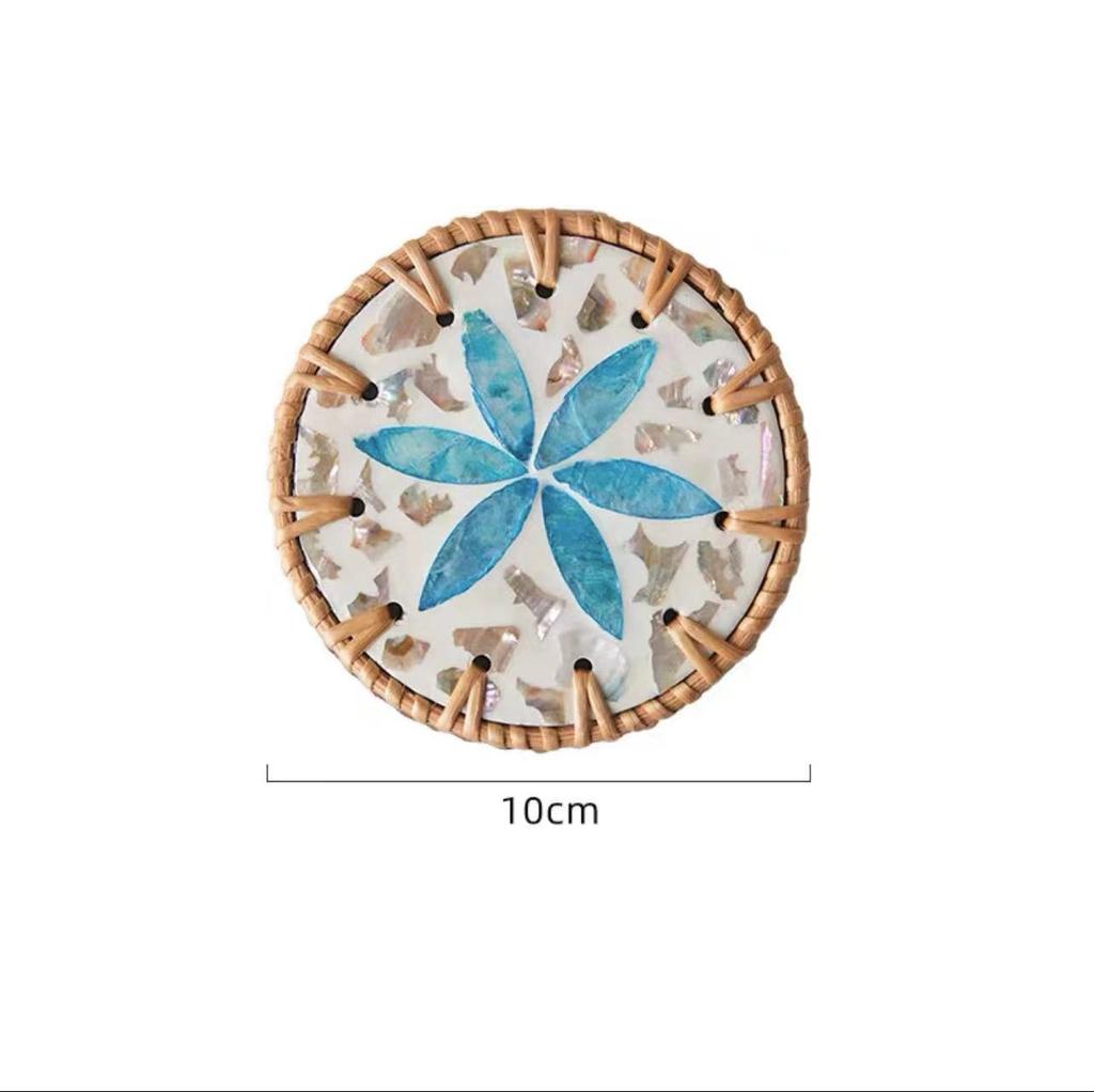 Rattan Shell Coaster Ceramic Heatproof Tea Mat Handwoven Shell Table Mat Decorative Round Coaster Nordic Style