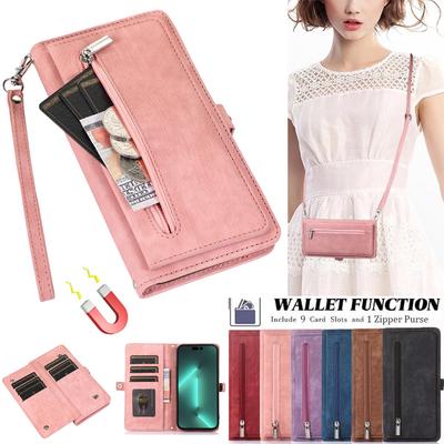 9 Card Flip Retro Zipper Kožená Crossbody Peněženka pro iPhone 15 14 13 12 11 Pro Max XS MAX XR /Samsung S23 S22 S21 S20 Ultra Plus A14 A13 A54 A53