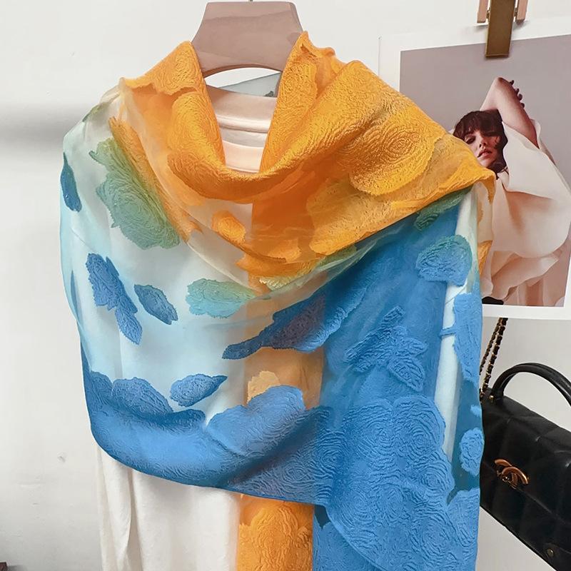 Shawl Scarf Advanced New Gradual Change Flower Long Silk Scarf Yarn Versatile Sunscreen Shawl