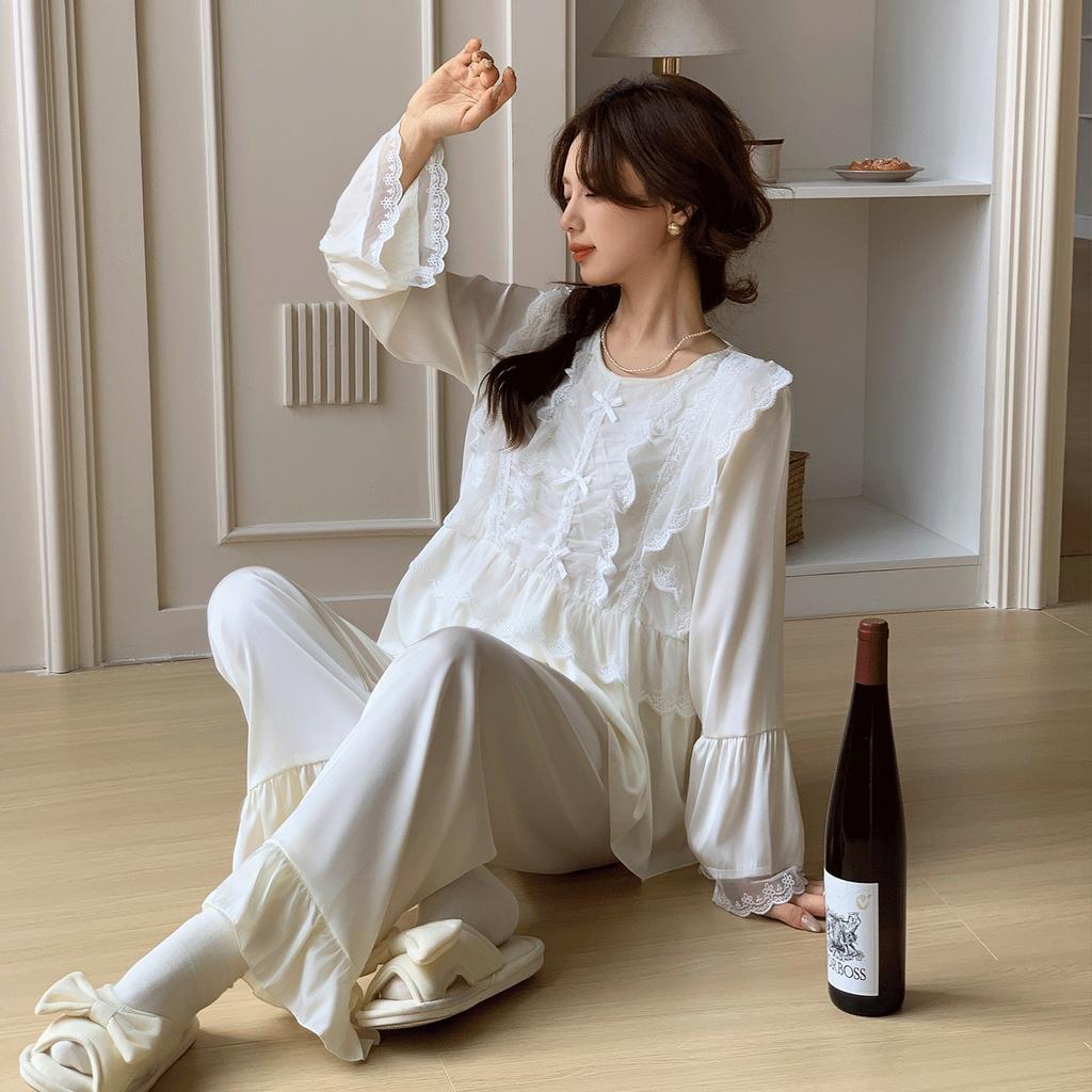 Spring and Autumn New Satin Silk Crew Neck Lace Long Sleeve Pants Pajamas Sexy Ice Silk Thin Loose Two-piece Set