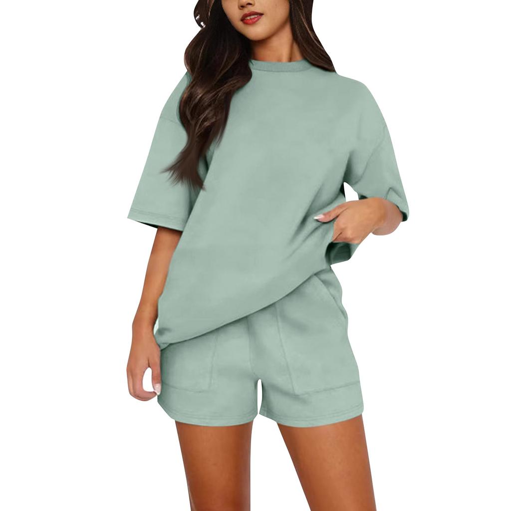 Verão Feminino Solto Praia Férias Lazer Regata Gola Redonda Camisa Elegante Manga Curta Shorts