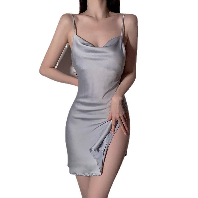 Sexy Ice Silk Solid Color Suspender Women's Summer Split Ultra-thin Backless Pajamas Loungewear N