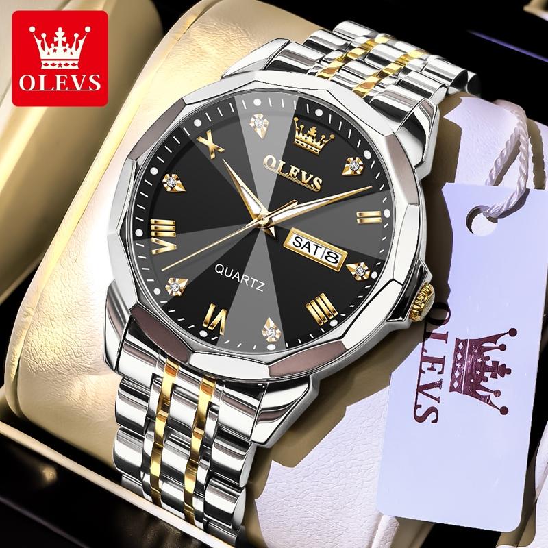 OLEVS Luxury Man Watch Solid Steel Strap Waterproof Men's Watches Fashion Rhombus Mirror Dual Calendar Quartz Wristwatches 9931