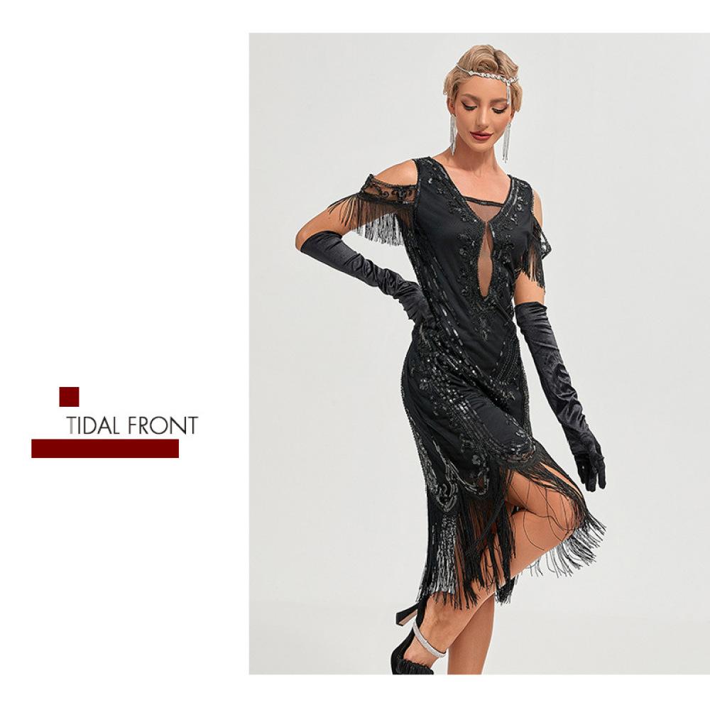 1920S Retro Ball Embroidered Fringed Dress Cocktail Party Large Size Sequined Beaded Mesh Dress
