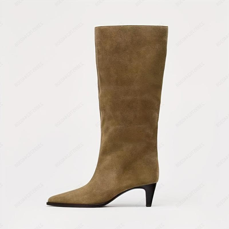 2026 New High Heels Women's High Boots Fashion Dress Pointed Toe Shoes Luxury Knee High Winter Botas Suede Mujer Chelsea Boots