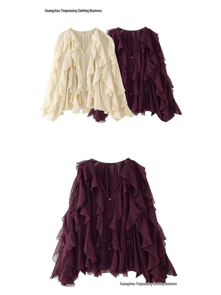 Summer 2026 European & American V-Neck Layered Ruffled Pleated Women's Shirt