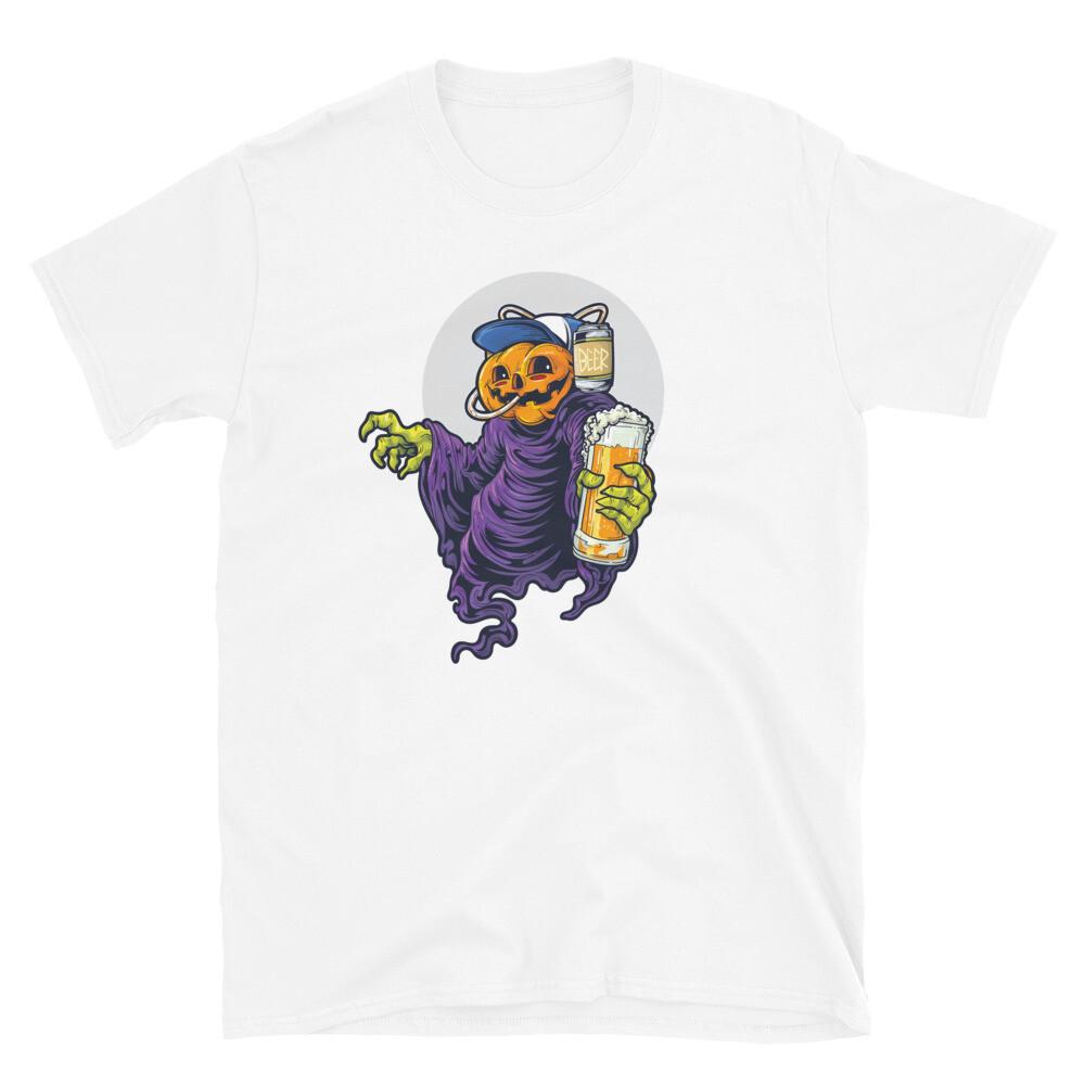 Scary Evil Jack O  Lantern Drinking Beer Halloween Short-Sleeve Unisex T-Shirt S разноцветный