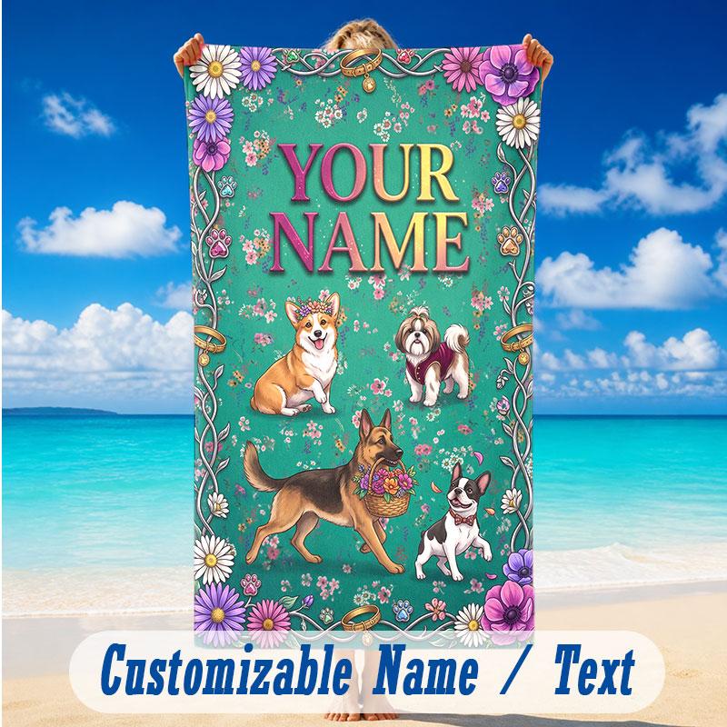 Dog Theme Beach Towel Personalized Custom Name & Text Soft Quick Dry Beach Towel for Swimming Travel