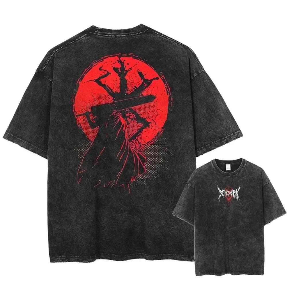 Berserk Washed Print Anime Graphic T-shirt Oversized Tee High Quality Cotton Harajuku Hip Hop Street Vintage Casual Fashion Top