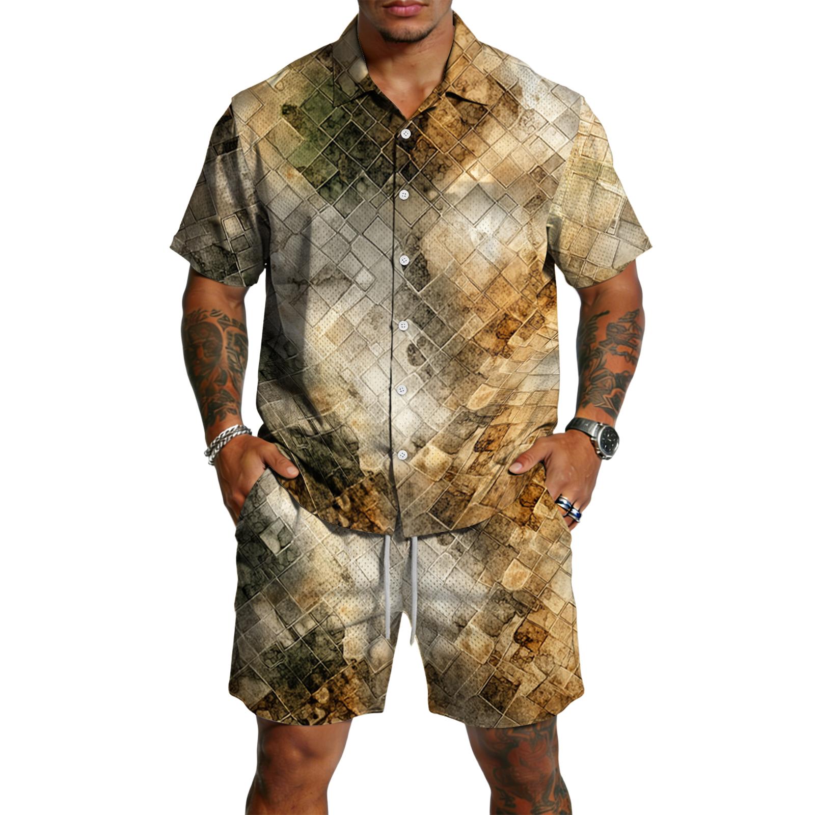 

Men s Casual Short Sleeve Button Down Shirt and Drawstring Shorts Set Lightweight Breathable Fabric Textured Pattern Summer Outfit XL хаки