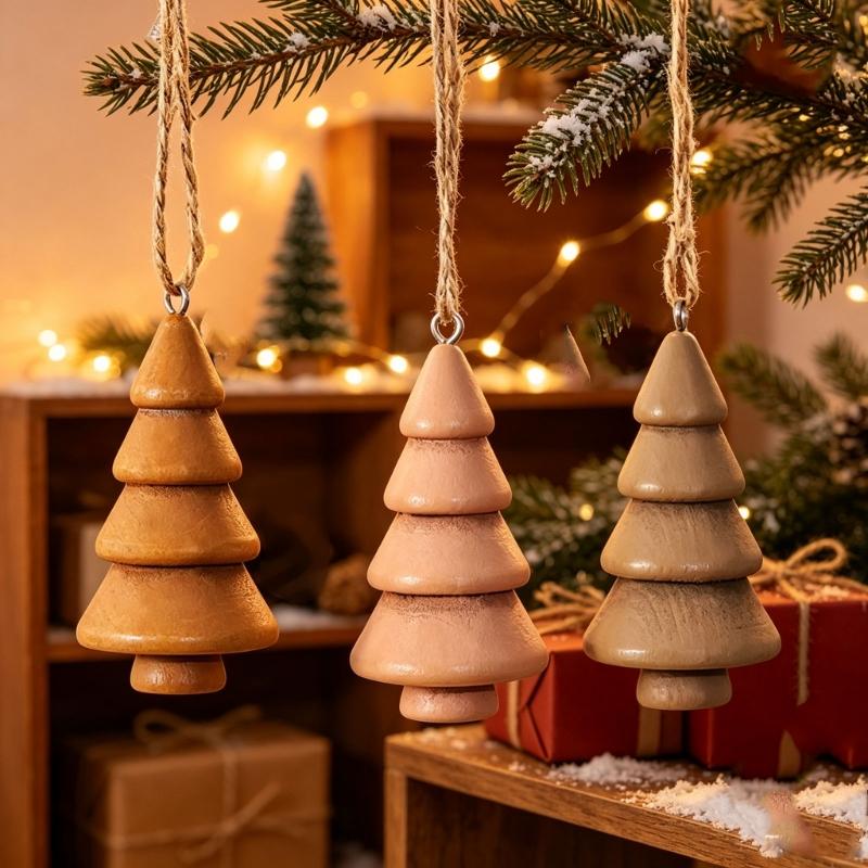 Set of 3 Christmas Tree Hanging Decoration, Natural Wood Pendant with Hanging Rope for Entryways, Rooms, Parties, and Seasonal Display