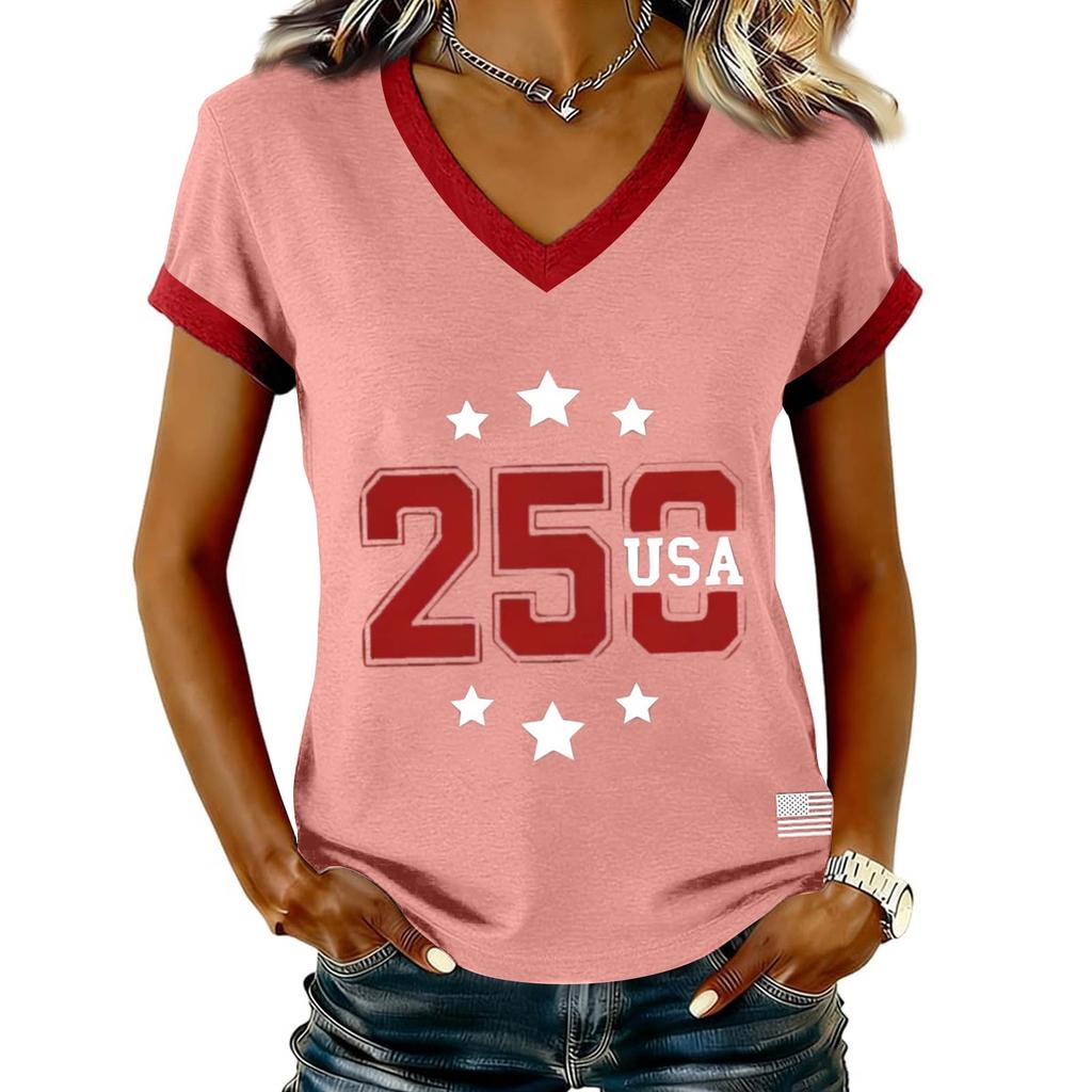 Women's Casual V Neck Short Sleeve Pullover Printed T-Shirt Top