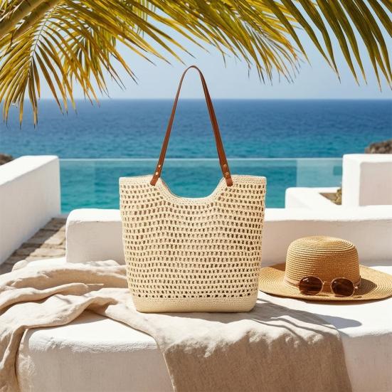 Crochet Shoulder Bag, Large Capacity Tote Bag, Lightweight Knit Handbag, Summer Beach Tote Purse for Women Holiday Commuting Daily Use