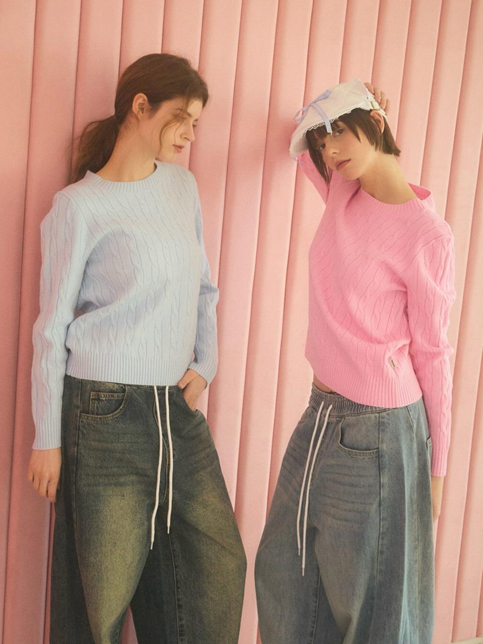 Cool Kitten Twisted Knit Sweater Pink/Gray