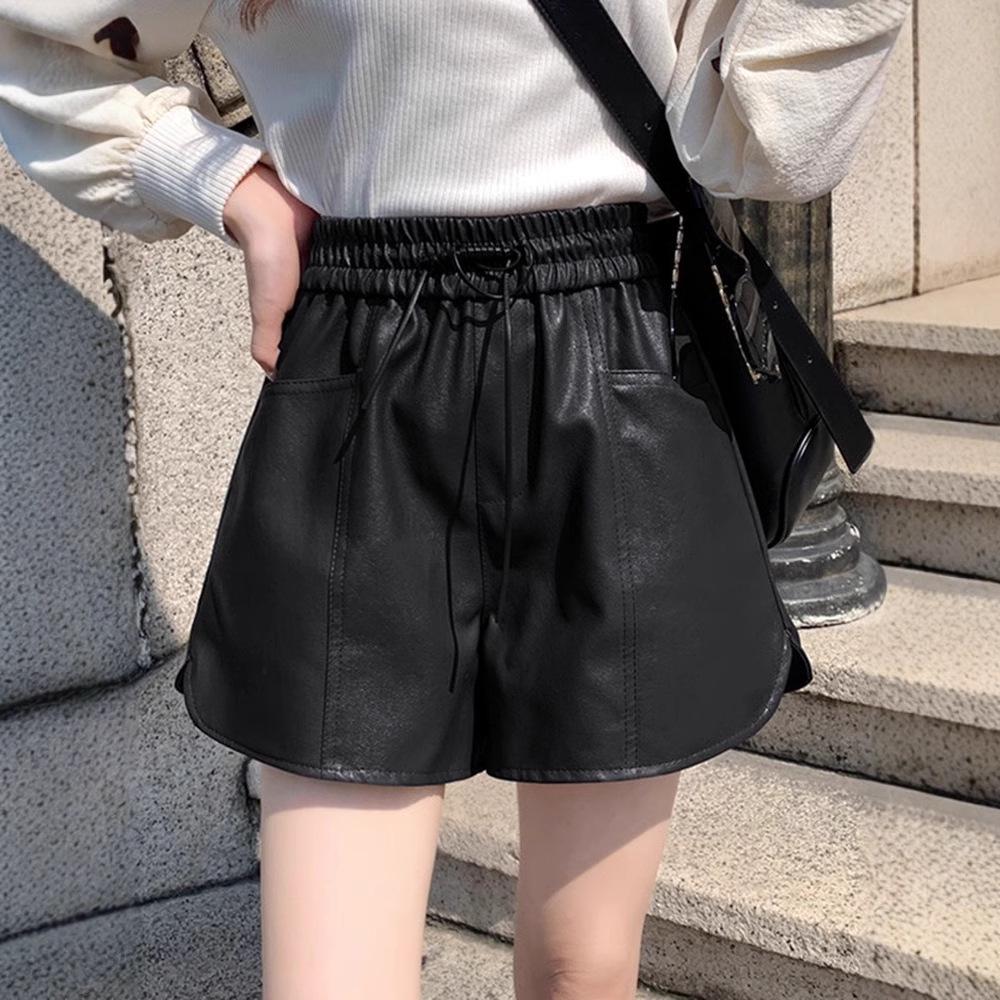 Autumn 2024 Women's High-Waist PU Leather Wide-Leg Shorts - Casual A-Line Style