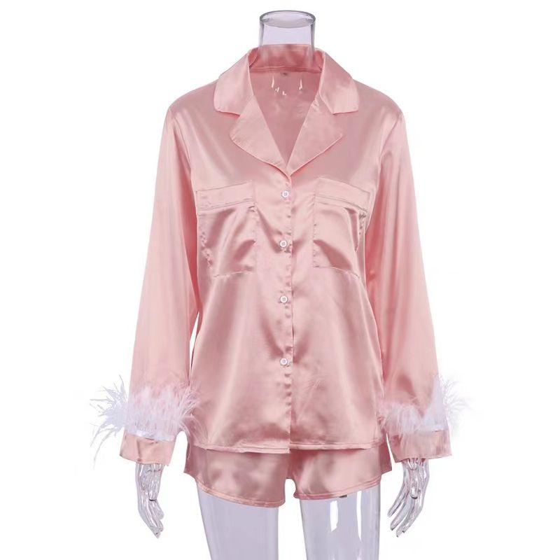 

2021new Suit Collar Ice Silk Feather Long Sleeve+shorts Suit Pink S