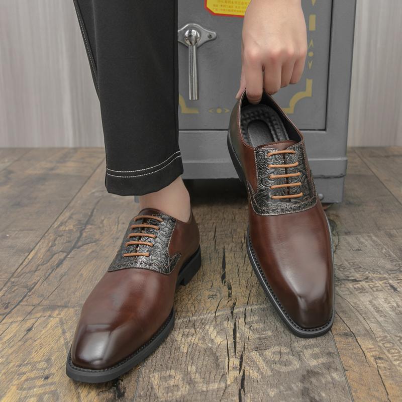 Brand Breathable Banquet Party Block Leather Shoes British Men Lace Up Comfortable Pointed Business Formal Leather Shoes