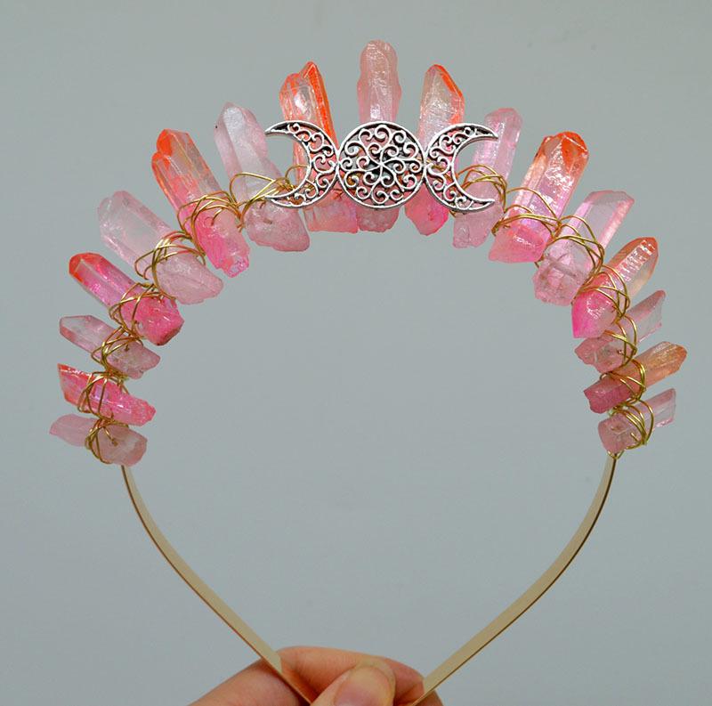 Handmade Gold Pink Orange Wiccan Moon Crystal Crown Hairband