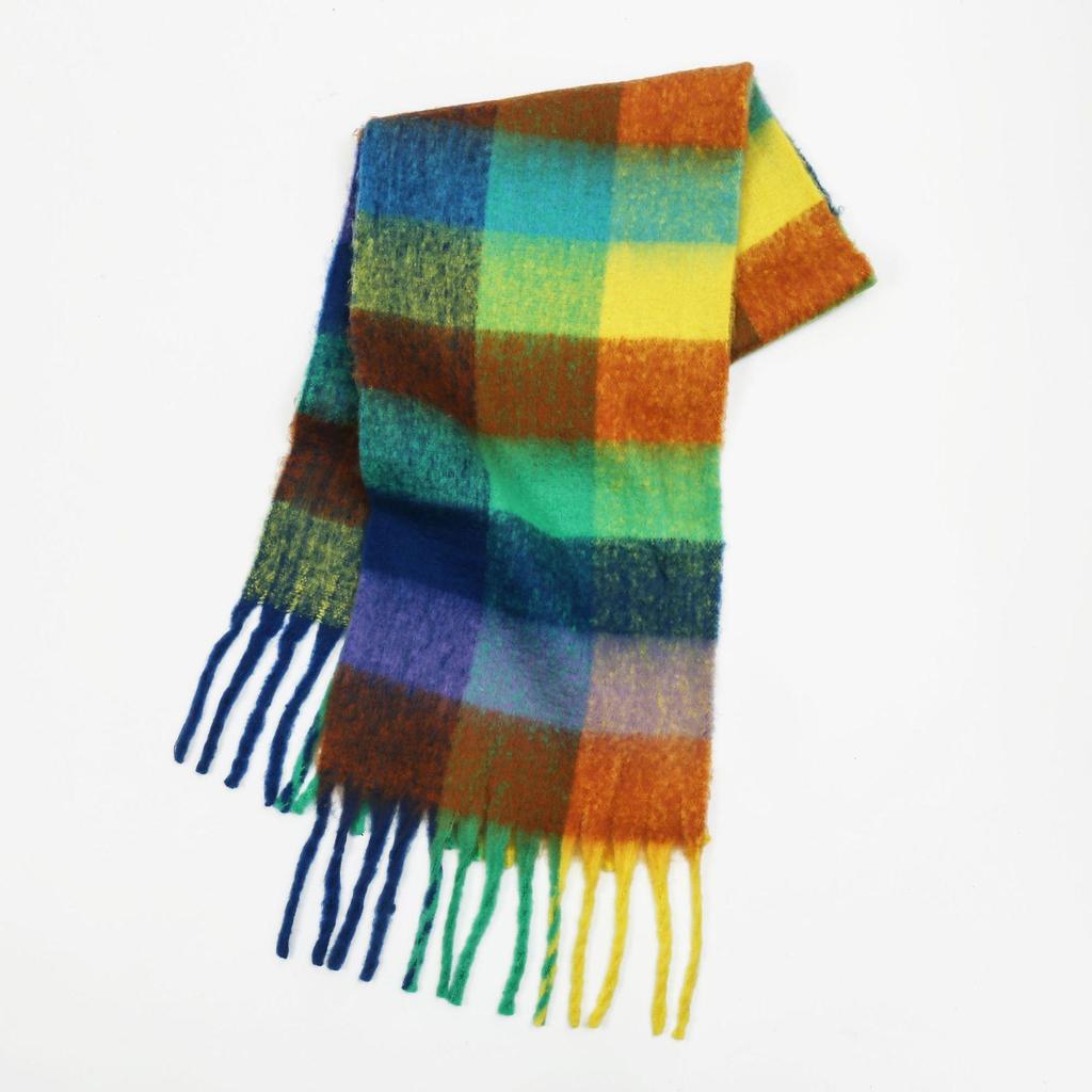 Women's High-Grade Colorful Plaid Mohair Scarf - Thick, Warm, and Versatile for Winter