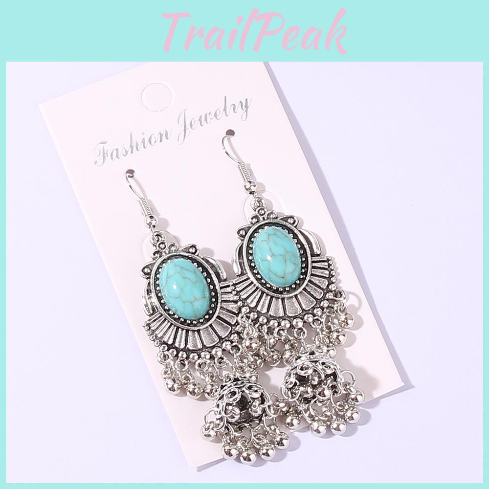 Ethnic Alloy Style Dangle Earrings Featuring Peacock Blue Finish For Ladies