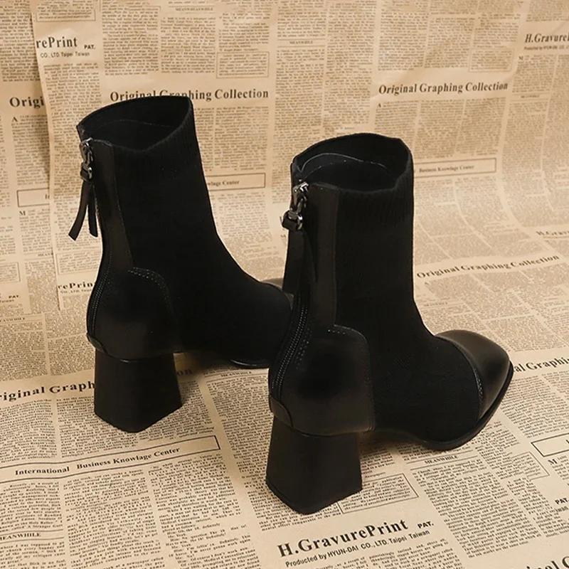 High Heels Ankle Boots Women Knitting Leather Shoes Fashion Square Toe Winter Shoes Woman 2024 Trend Pumps Chelsea Botas Mujer