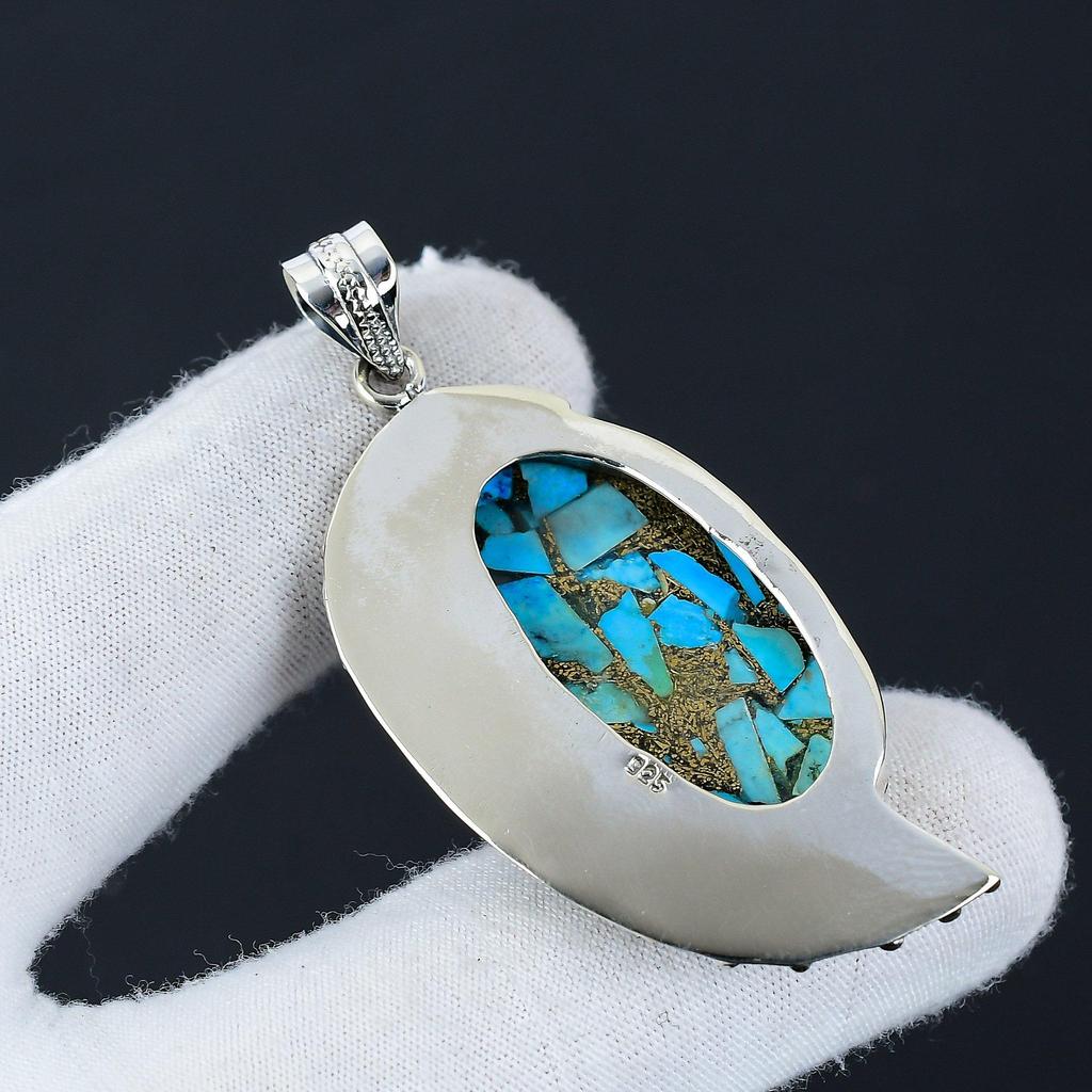 Natural Blue Copper Turquoise Gemstone Silver Pendant In 925 Sterling Silver- Handmade Design, Everyday Wear Jewelry, Unique Pendant Thanksgiving Gift