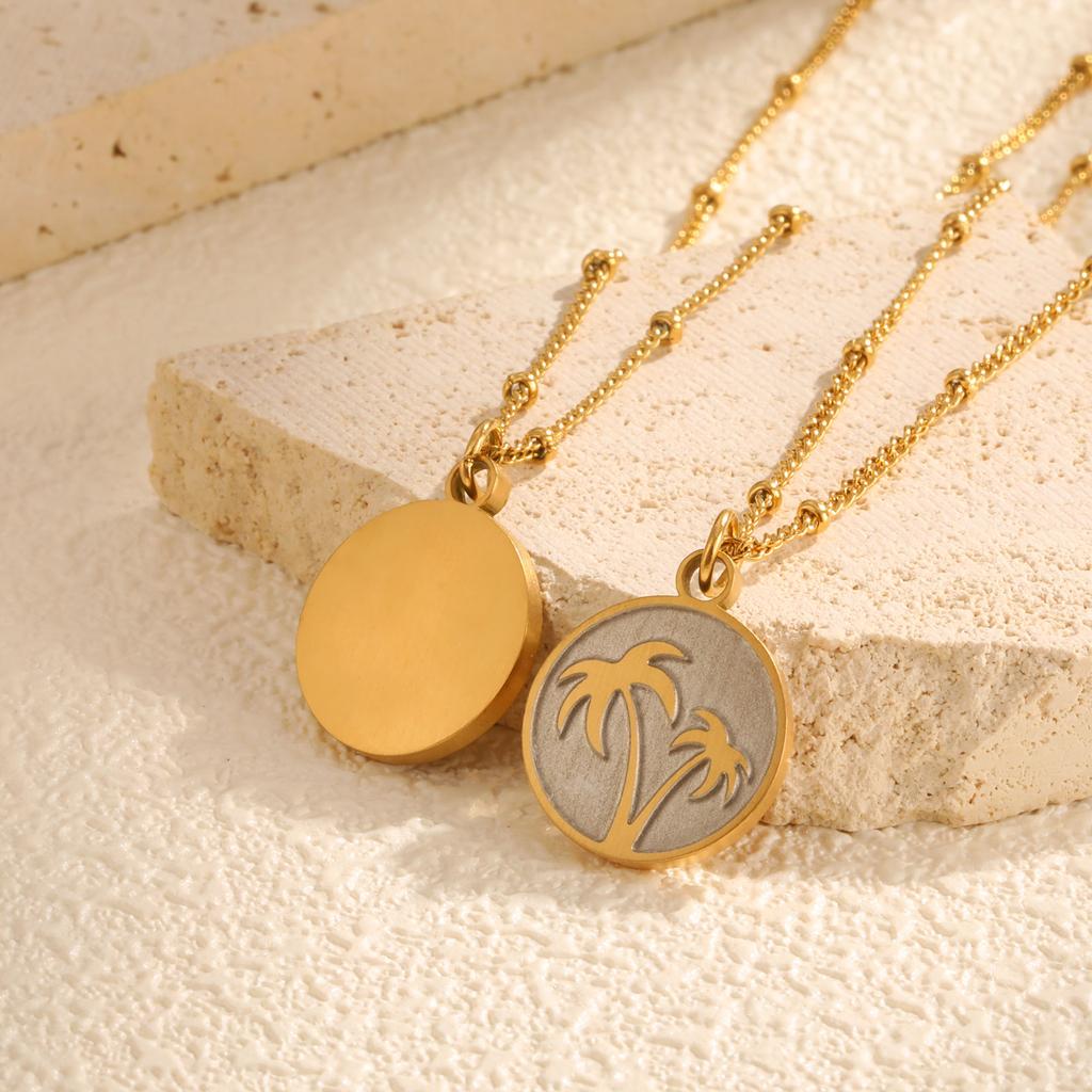 Summer Round Brand Coconut Tree Necklace for Women,Stainless Steel Twisted Bead Chain Necklaces,Beach Jewelry Mother's Day Gift