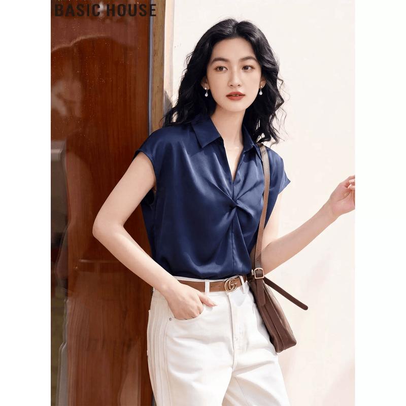 Basic House Women s Ice Silk Satin Short Sleeve Shirt L