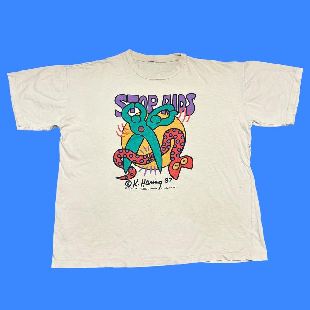 

Vintage Keith Haring Shirt XL Mens White 80s Single Stitch Pop Art Tee Stop Aids Unisex T-Shirt L