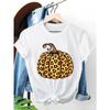 European Size Women's Plus Size White Pure T-Shirt - Oversized Round Neck Short Sleeve with Leopard Print Pumpkin Outline & Black, Soft Breathable