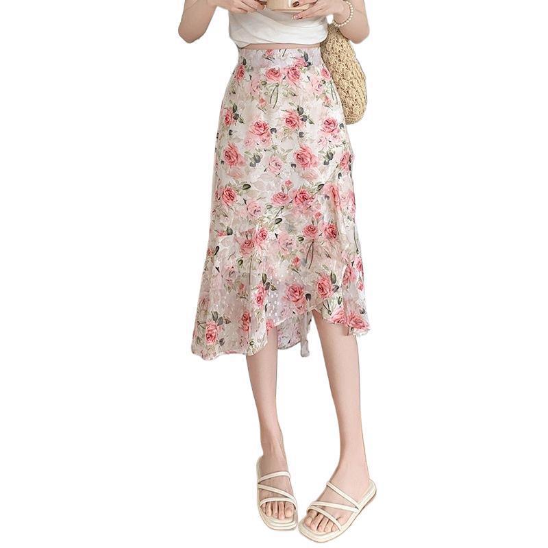 Women High Waist Floral Midi Skirt Chiffon Irregular Ruffle Hem Mermaid Skirt Plus Size Summer Casual Flared Skirt Source Factory Supply