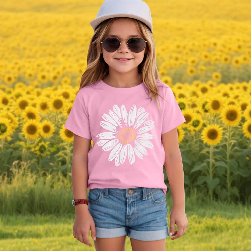 Girls Floral Print Short Sleeve T-Shirt Crew Neck Casual Top Lightweight Comfortable Fit for Everyday Wear