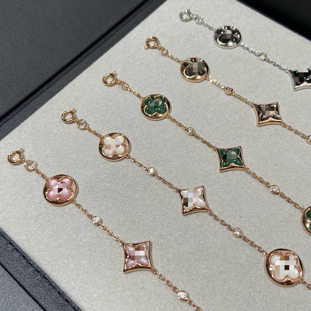 18K Rose Gold Plated Sterling Silver Bracelet with Four-Leaf Clover and Natural Mother-of-Pearl Elements, Non-Fading.