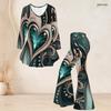 Women Plus Size Two Piece Set Round Neck Three Quarter Sleeve Printed Flared Top Flared Pants Black Green Gold