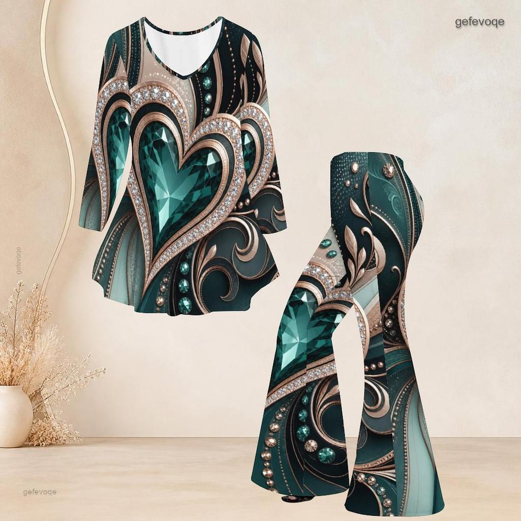 Women Plus Size Two Piece Set Round Neck Three Quarter Sleeve Printed Flared Top Flared Pants Black Green Gold