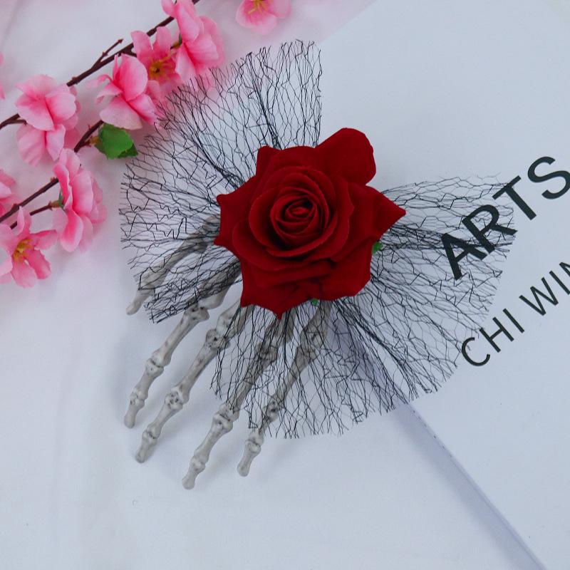 Halloween skull palm headdress, gothic imitation rose lace hairpin, scary atmosphere costume props