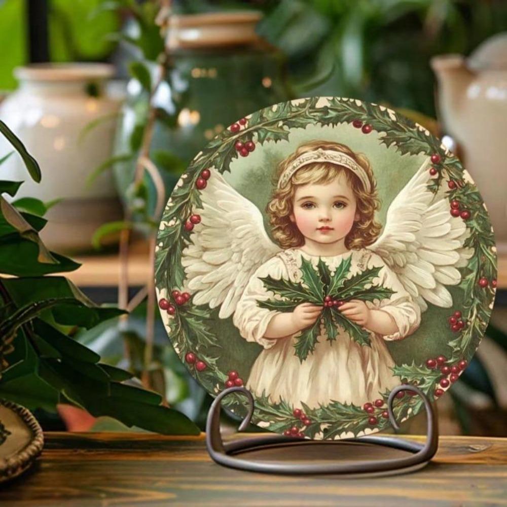 Vintage Christmas Angel Metal Tin Sign Rustic Round Wall Art Holiday Decor