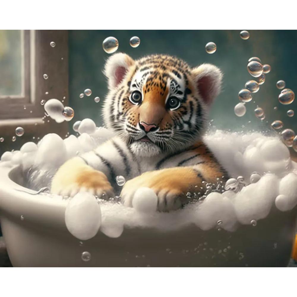 Cute Baby Lion Tiger In Bathtub Wall Art Canvas Painting Animals Bathing Funny Bathroom Art Poster Prints Picture Room Decor