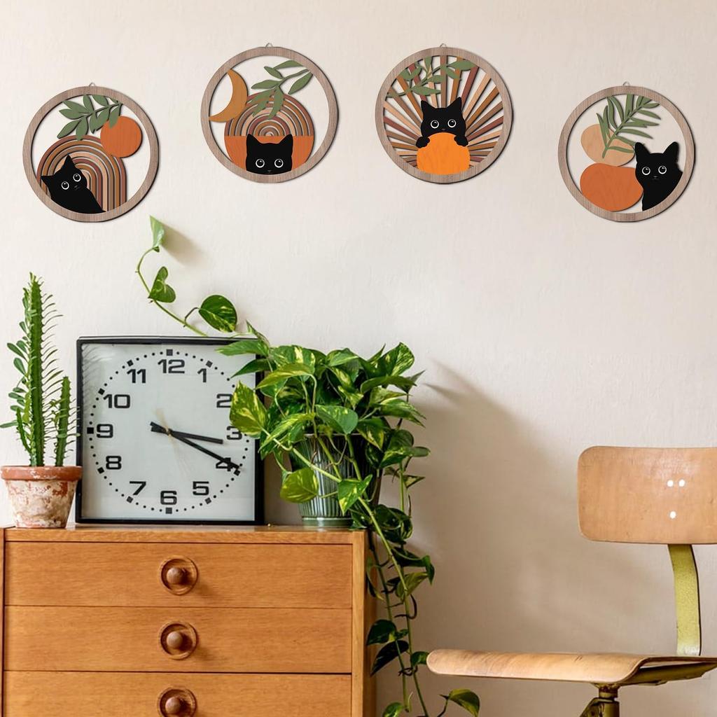 Boho Black Cat Wall Decor,Farmhouse Geometric Hanging Wooden Wall Art,4 Pieces 10''x10'' Mid Century Bohemian Abstract Moon and Sun Wood Sign