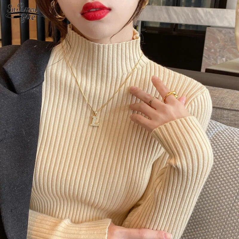 Podzimní a zimní svetr Pletený svetr s polovičním rolákem Dámské Vintage Dlouhý rukáv Spodní Dámské Topy Jumper Pull 22848