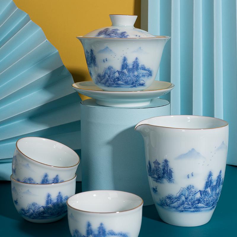 Celadon White Porcelain Tea Set with Gold Landscape: Complete Chinese Gaiwan Teapot and Teacup Set for Kung Fu Tea.