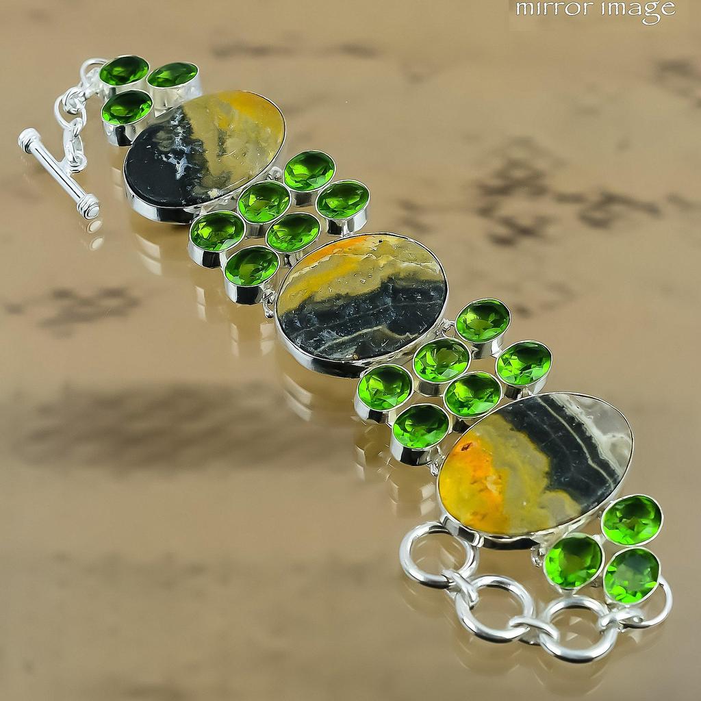 Geschenk für Sie Natürlicher Bumble Bee Jaspis Kette Verstellbares Armband 925 Silber