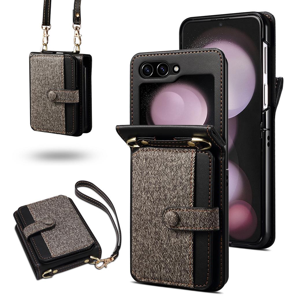 For Samsung Galaxy Z Flip6 5G Case Splicing Color Leather Phone Cover with Card Slot Holder Lanyard