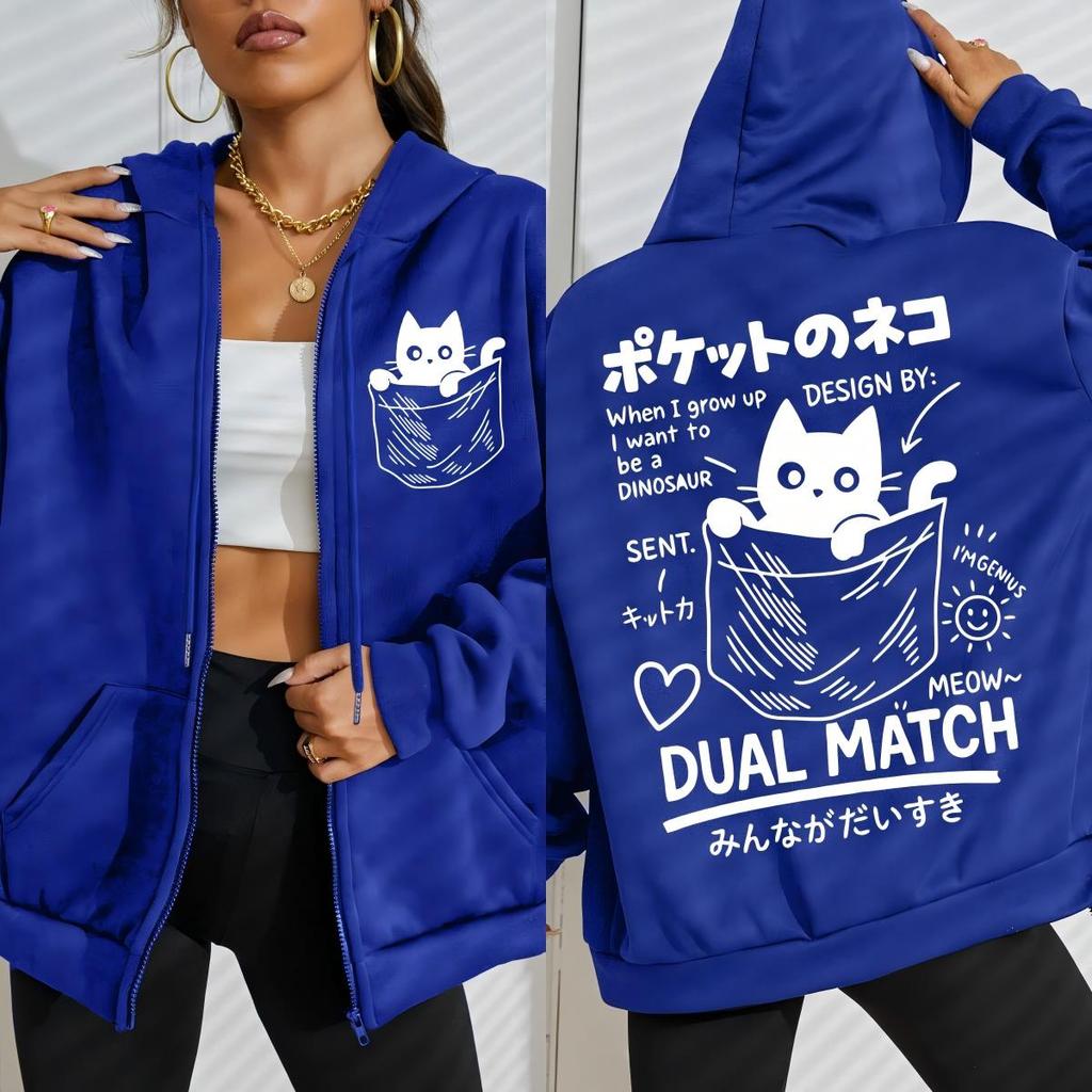 Cute Japanese Pocket Cat Printed Women Zipper Hoodies Fashion Streetwear Fleece Crewneck Hoody Hot Sale Oversize Clothes