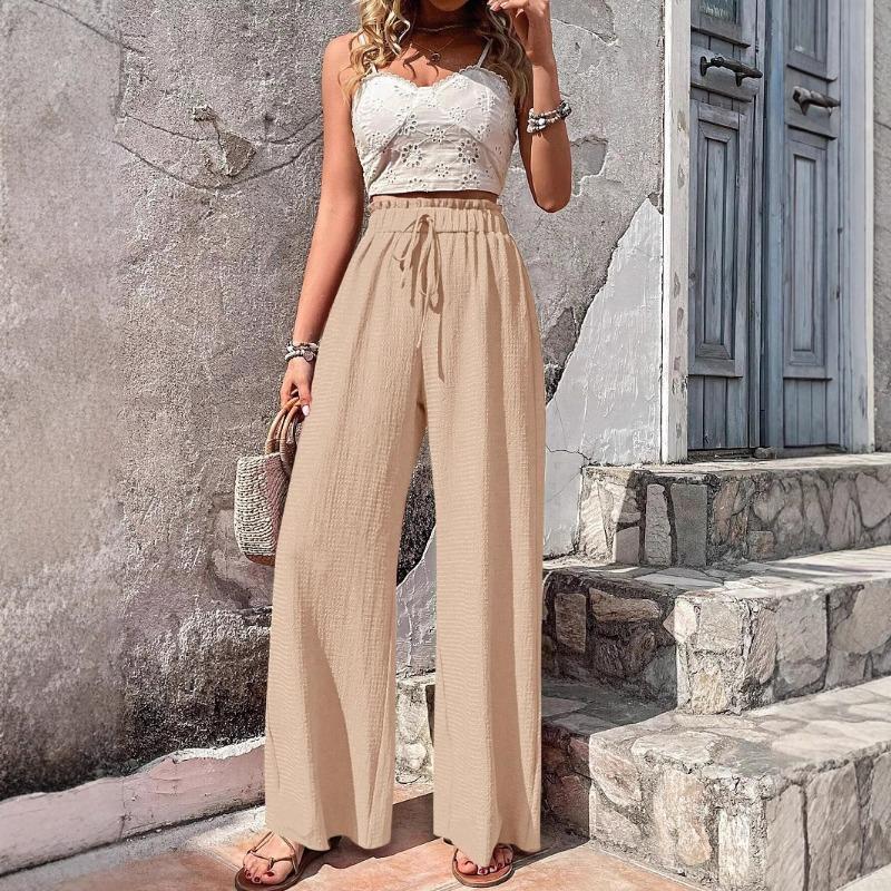 Women's Spring and Summer New Style Fashionable and Versatile Bubble Check Casual Wide Leg Pants
