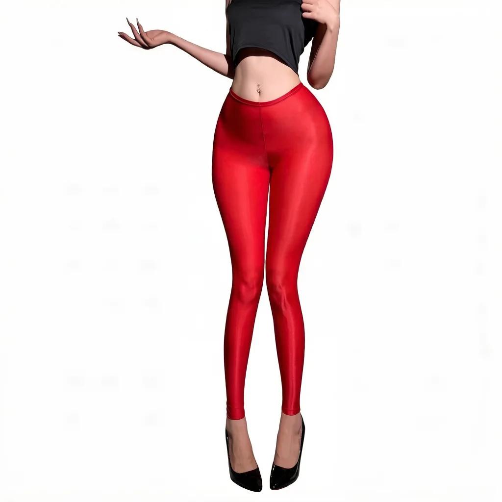 Fashion Women Thin Pants Sheer See Through Oil Shiny Leggings Pencil Pants Elastic Smooth Shaping Slim Ninth Pants Maid Tights
