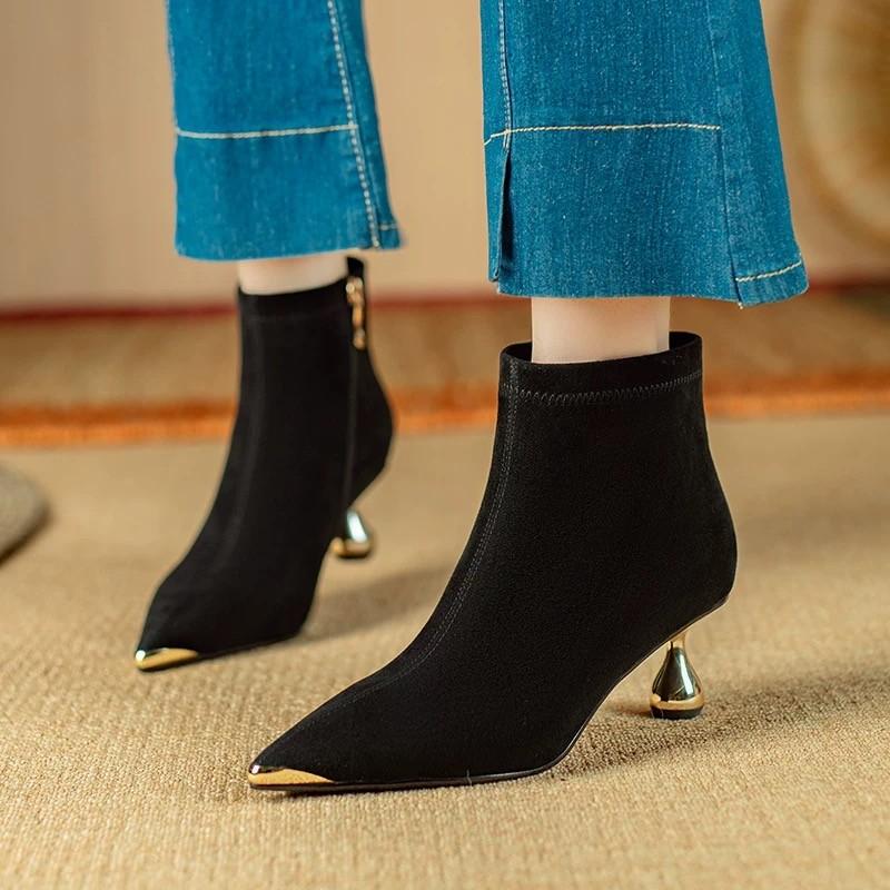 Fashion Women's Thin Heel Single Boots Winter New Metal Pointed Splicing Suede Side Zipper Anti-slip Wear-resistant Short Boots