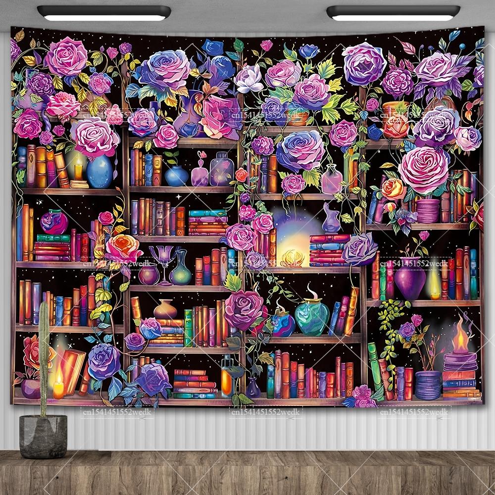 Witch's Library Staircase Tapestry Magic Bookshelf Tapestry Wall Hanging Altar Cloth Aesthetic Room Decor Book Shelves Backdrops