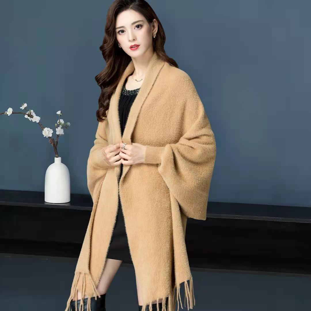 

Пончо женское, осенне-зимнее, новое норковое пальто с рукавами, однотонная внешняя накидка, женская одинаковая повседневная накидка, кардиган, пальто, топы One Size