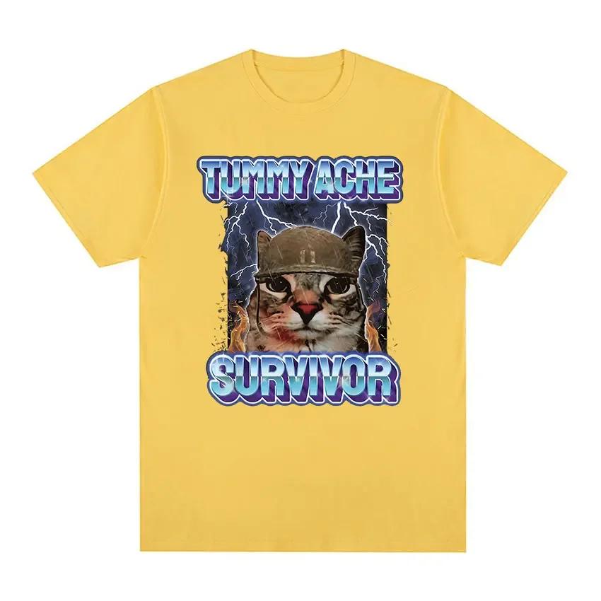 Vintage Tummy Ache Survivor Funny Cat Meme Tee Shirt Unisex Unisex Clothing Fashion Short Sleeve Tshirt Casual Pure Cotton T Shirts
